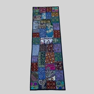 VTG 1990s Boho‎ Kutch Patchwork Table Runner Beaded Mirror Gujarat India